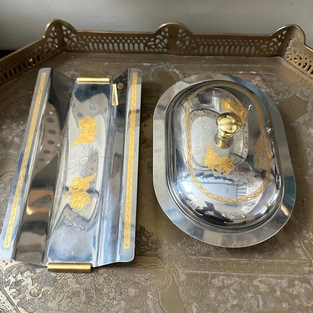 MCM Stainless Steel Lidded Butter Dish caviar cake tray set gold floral fasix